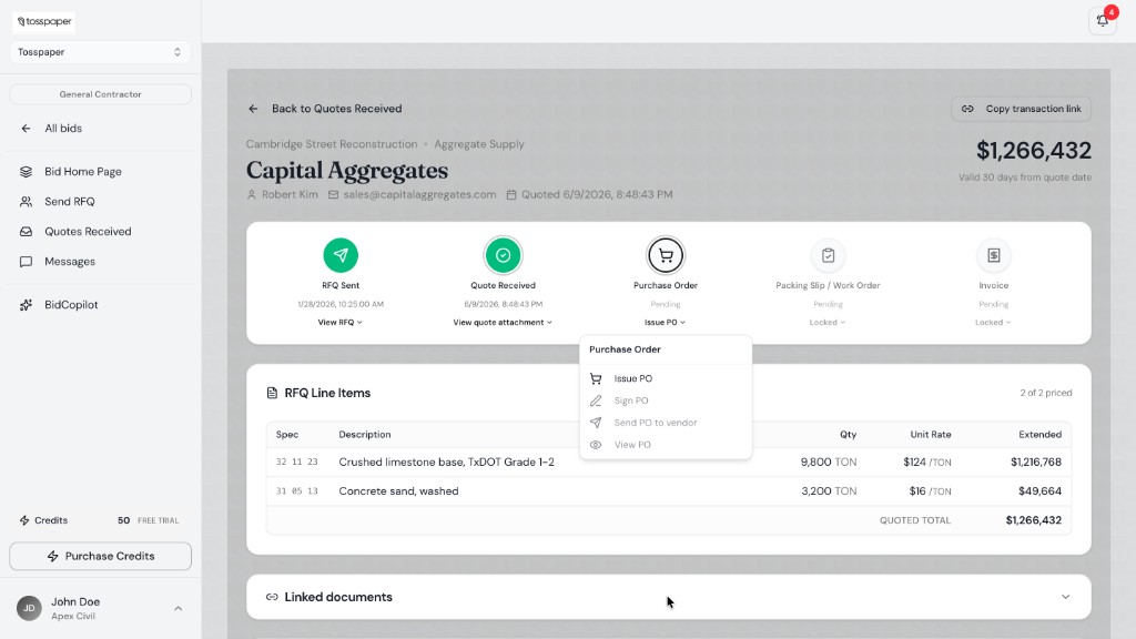 Capital Aggregates quote workflow from RFQ through purchase order in TossPaper